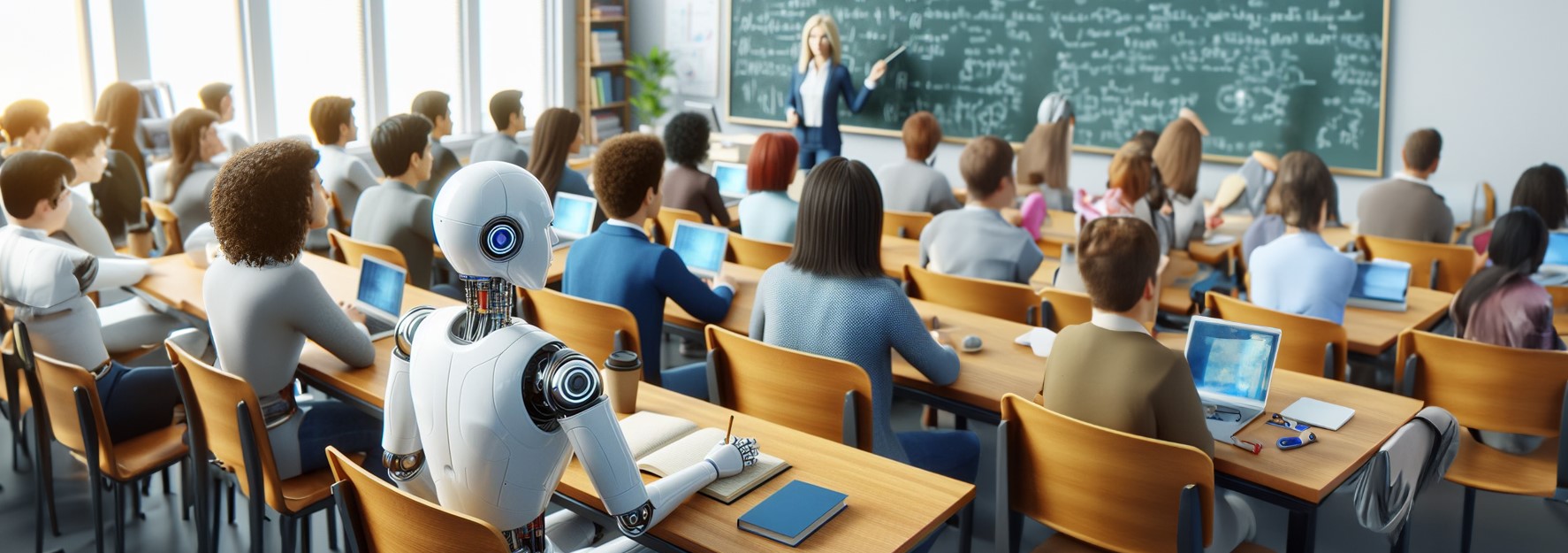 Ein Roboter sitzt in einer Schulklasse